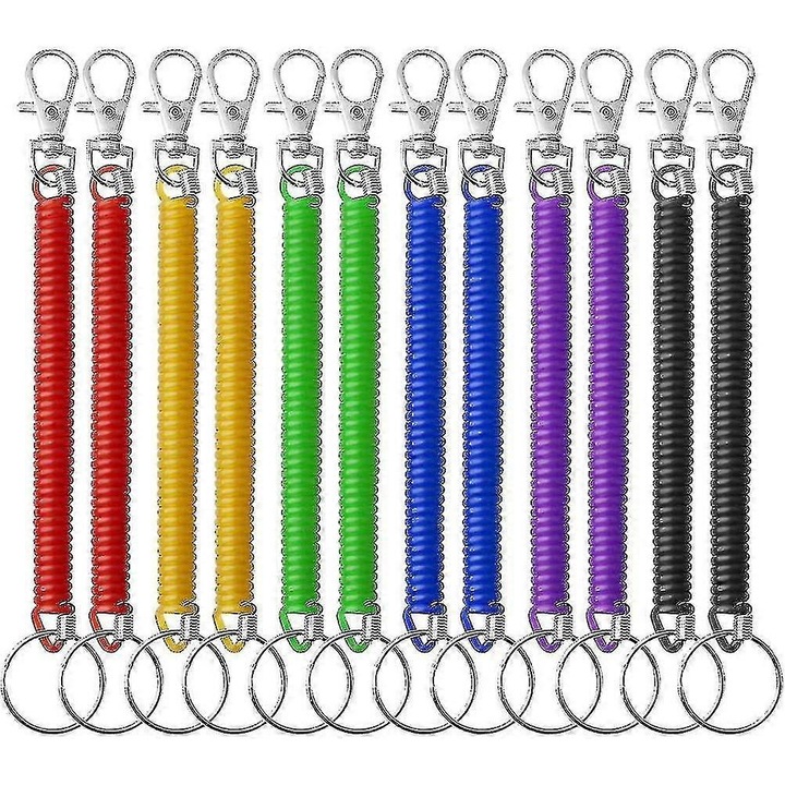 Spirál kulcstartók, 12 darabos készlet, változatos színek, maximális hossza 100 cm, műanyag