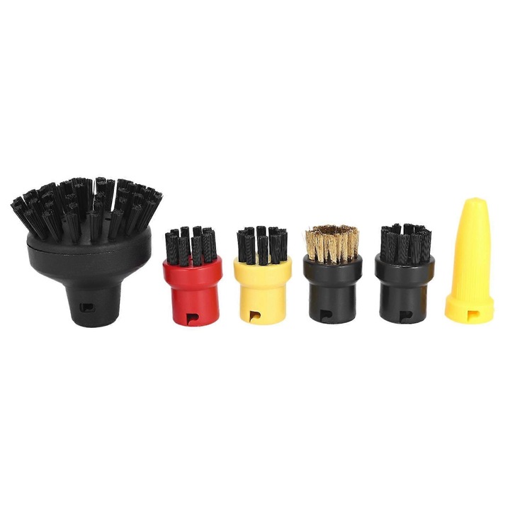 Set pentru curatare, 1 perie mare, 1 duza, 4 perii mici (rosie, galbena, neagra, cupru), plastic