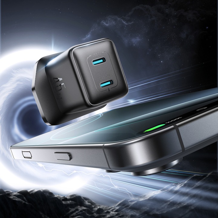 Hálózati töltő UK aljzattal Joyroom JR-TCG17, 2x USB-C, 45W, Fekete