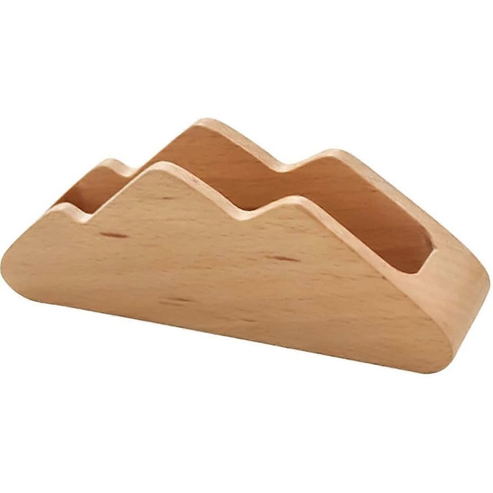 Suport pentru carti de vizita din lemn, design montan, capacitate 50 carti, culoare khaki, 12x4.8x3cm