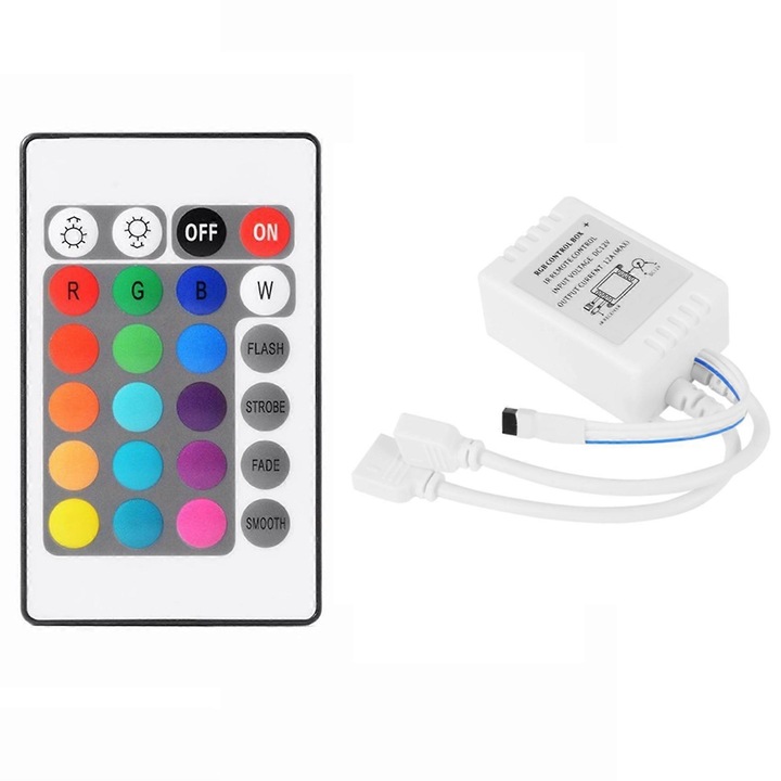 RGB LED vezérlő 24 gombos távirányítóval, 12V, 12A, műanyag