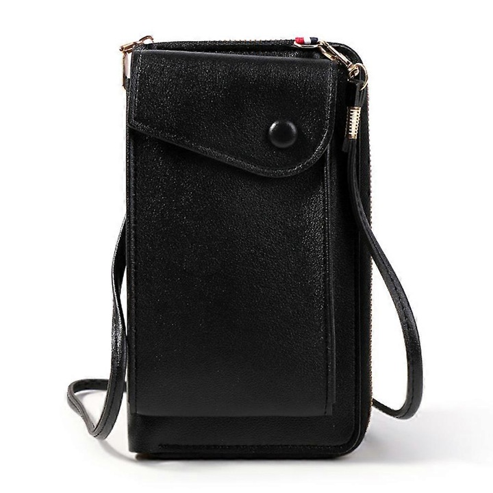 Fekete, multifunkcionális crossbody táska, állítható pánttal, mobiltelefonhoz, nagy kapacitással.