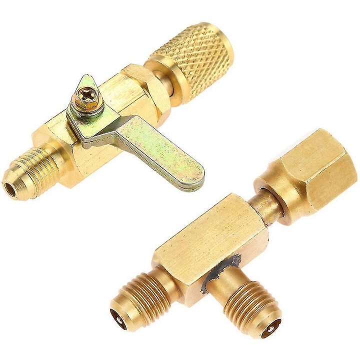 Ventil de bila pentru aer conditionat 1/4 inch, adaptor si tee, pentru R410A, R22, R134a, R12, culoare aurie