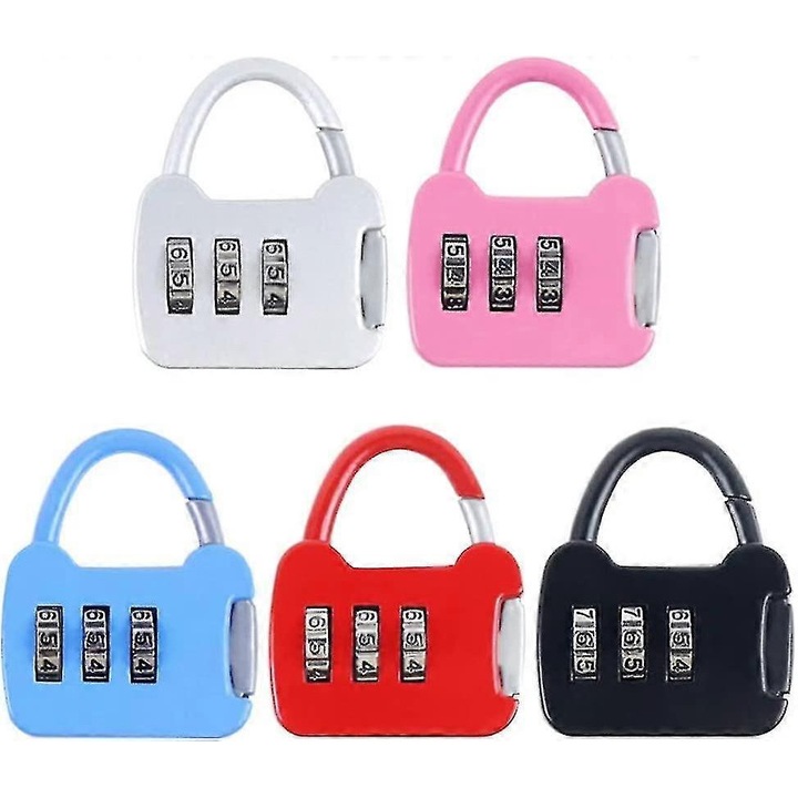 Комплект от 5 катинара с комбинация, 3 цифри, цинк, розов, червен, светлосин, сребристобял, черен, 44x35 мм