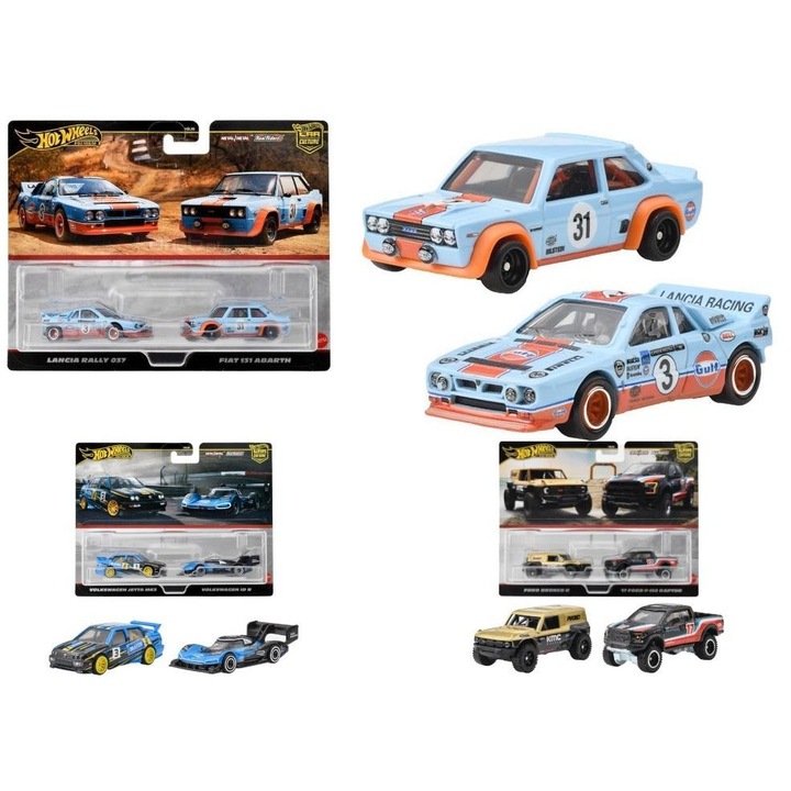 Set masinute Hot Wheels Premium, Ford Bronco R + '17 Ford F-150 Raptor, Lancia Rally 037 + Fiat 131 Abarth, Volkswagen Jetta MK3 + Volkswagen ID.R, 1:64, multicolor