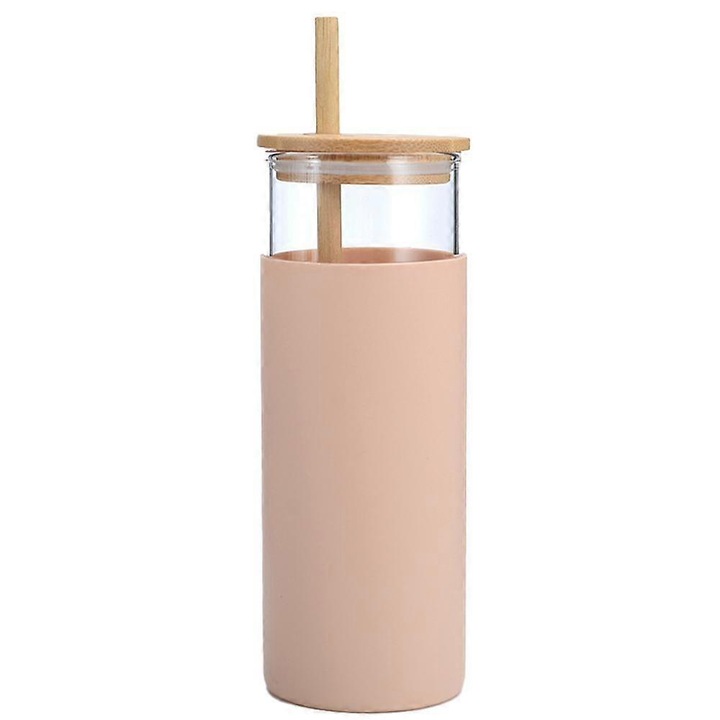 Cana cu capac din bambus si maner din silicon, 300ml