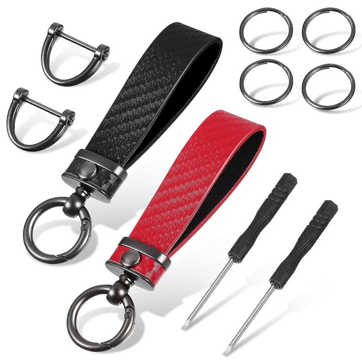 Set brelocuri chei auto din piele carbon, cu lanyard, inele rotative, 2 bucati