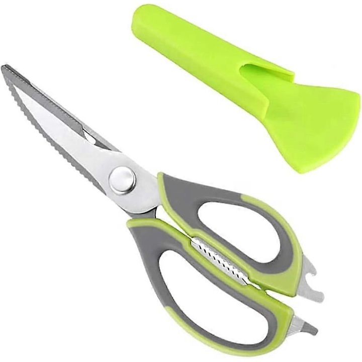 Foarfeci bucatarie din otel inoxidabil verde, maner confortabil, pentru legume, carne, peste, pizza