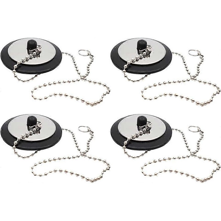 Set 4 dopuri universale pentru baie, negru, 6.4x4.3cm, din cauciuc si otel inoxidabil