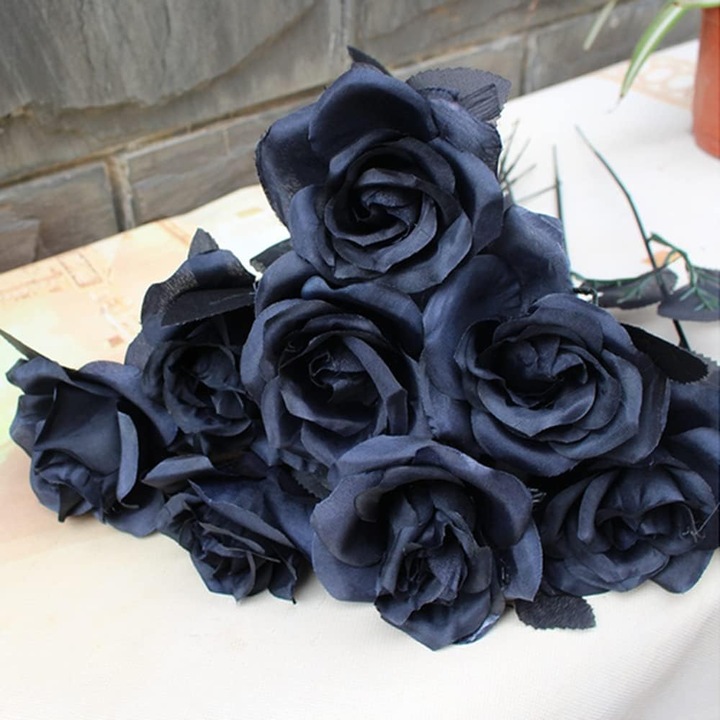 Set 10 flori artificiale trandafiri negri din matase, tulpini ajustabile, pentru decorare petreceri, Halloween, birou, acasa