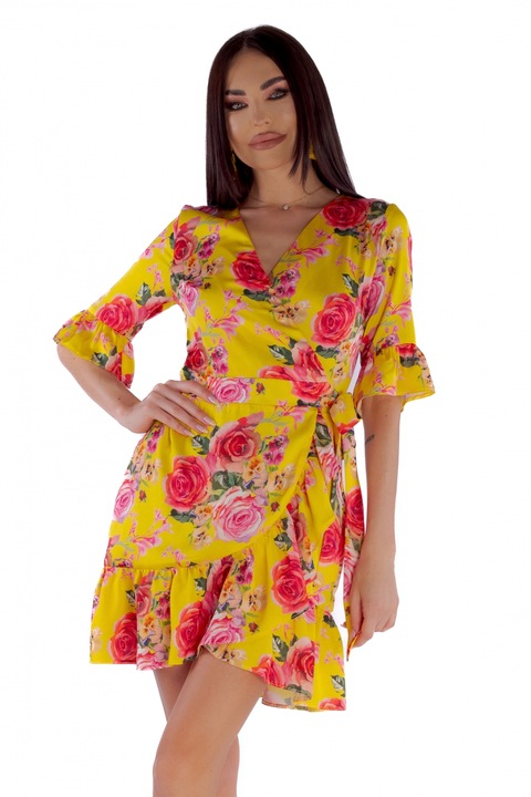 Жълта рокля с воалени цветя, XS