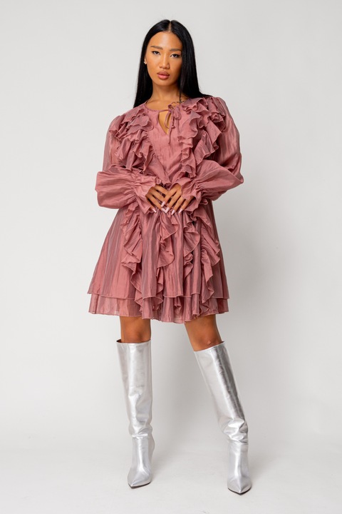 Rövid ruha fodrokkal, Rózsakvarc 18027, Púderrózsaszín, One Size