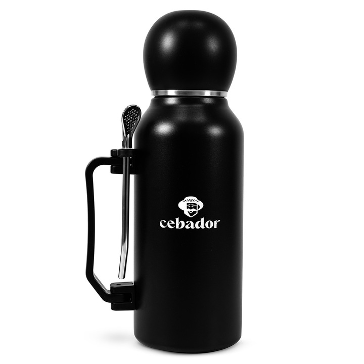 Termosz YerbaGo, Yerba Matéhoz és Teához, Bombilla, Duplafalú Rozsdamentes Acél, Akár 12 órán át Hőtartó, Fekete, 1.3 l