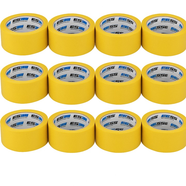 Комплект 12 жълти маскиращи ленти 48мм/48м BS върху подложка от полу-крепирана хартия, с лепило на базата на естествен каучук, позволява излагане на температури до 80°C