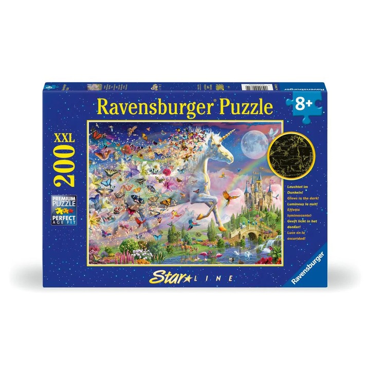 Puzzle Ravensburger Star Line, 200 piese XXL, unicorni si fluturi, pentru 8 ani, multicolor