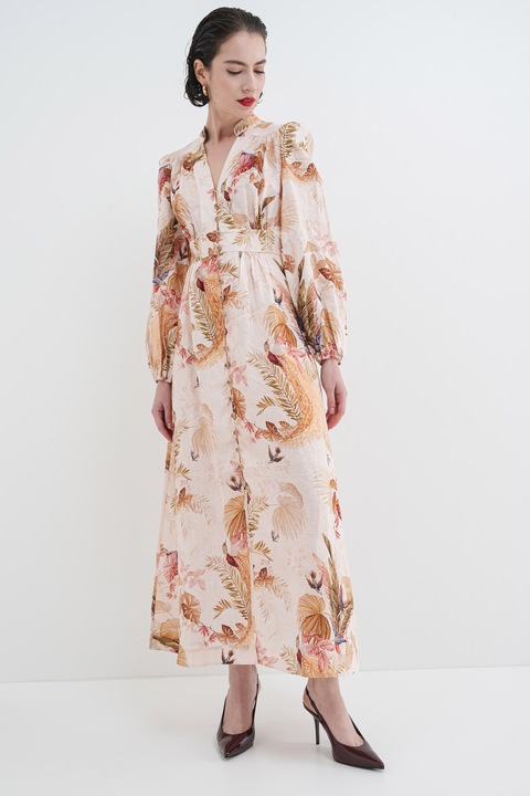 ZIMMERMANN, Rochie midi cu model si maneci lungi, Verde masliniu/Roz/Roz pal