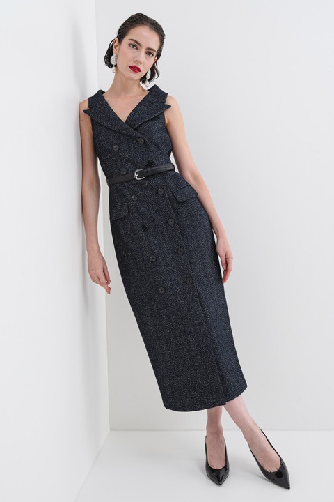 SELF-PORTRAIT, Миди рокля с вълна с копчета и колан, Ултрамарин синьо/Мръснобял/Антрацитно сиво