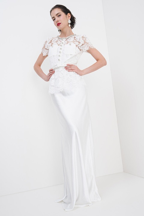 SELF-PORTRAIT, Дълга рокля с дизайн 2в1 и флорална дантела, Бял/Прозрачен