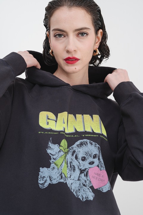 GANNI, Kapucnis pamutpulóver mintával, Szürke/Limezöld/Antracitszürke