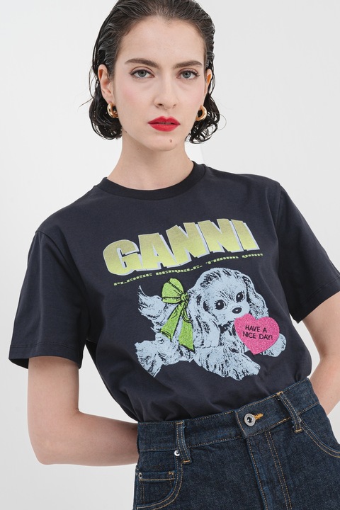 GANNI,, Памучна тениска с принт, Фуксия/Лайм зелено/Антрацитно сиво