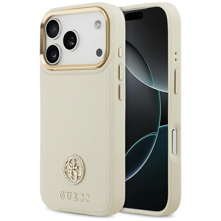 Guess Grained Strass Logo MagSafe tok iPhone 17 Pro készülékhez bézs