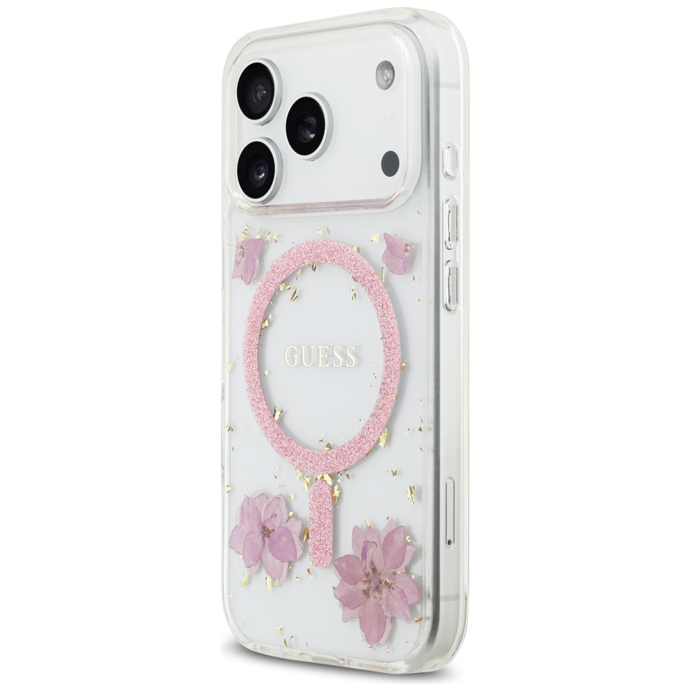 Husa pentru iPhone 17 Pro - Guess Resin Flowers and Glitter MagSafe - Roz