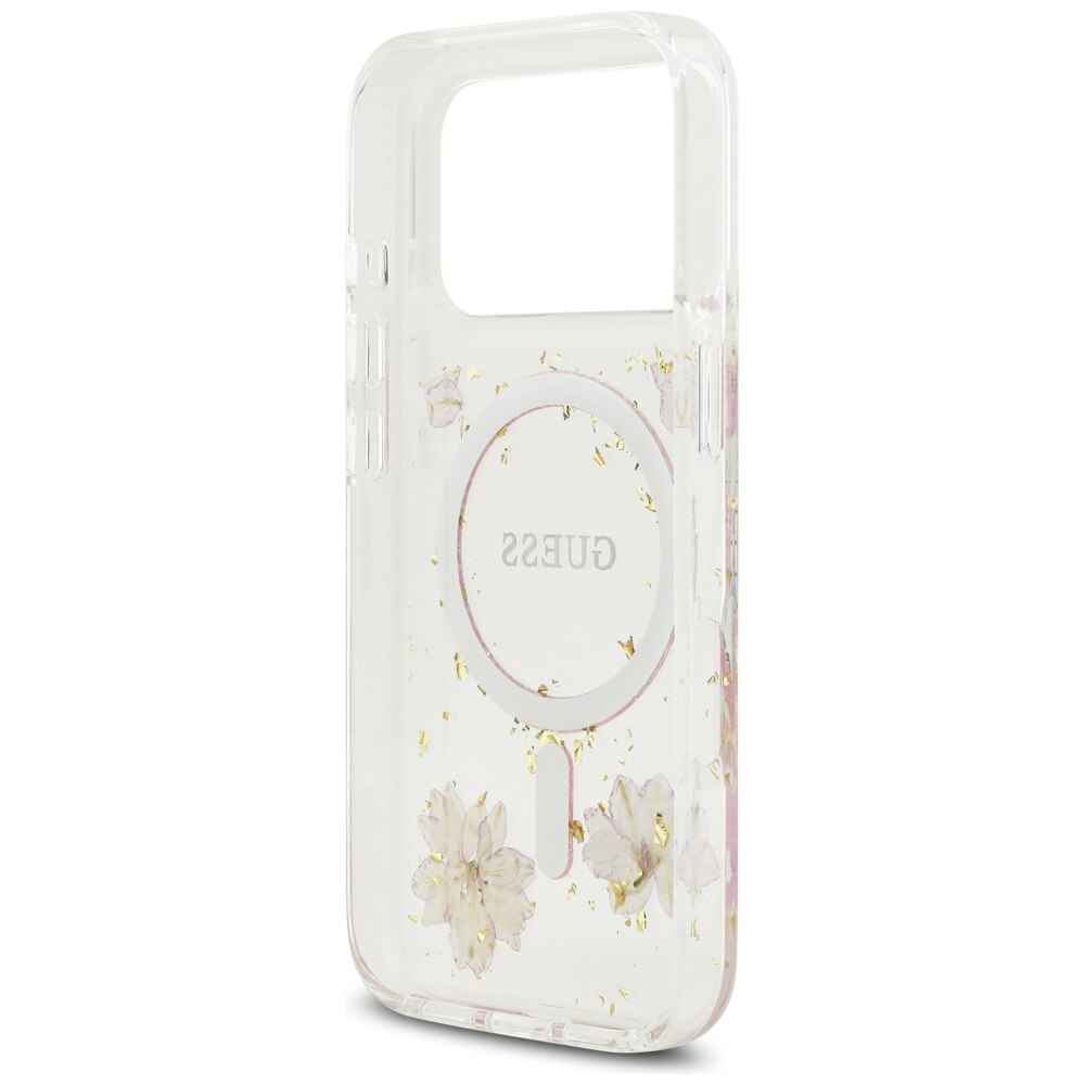 Husa pentru iPhone 17 Pro - Guess Resin Flowers and Glitter MagSafe - Roz
