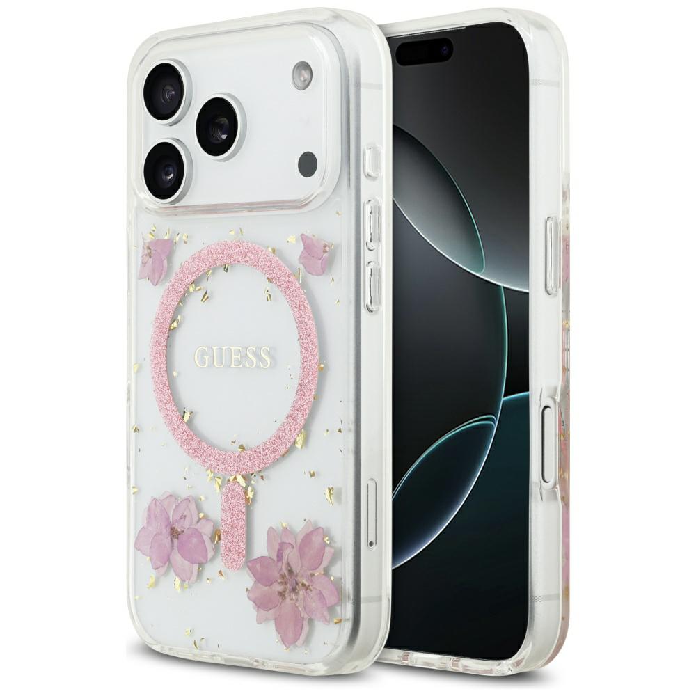 Husa pentru iPhone 17 Pro - Guess Resin Flowers and Glitter MagSafe - Roz