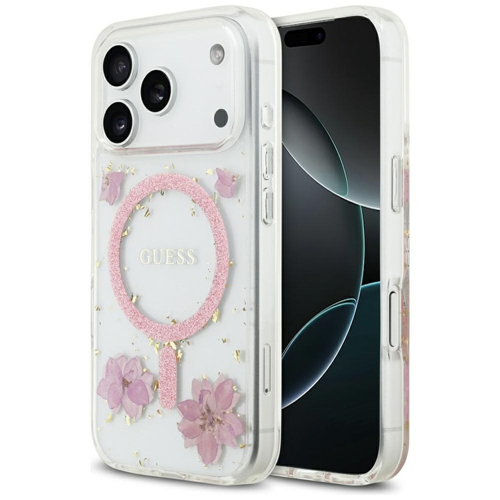 Husa pentru iPhone 17 Pro - Guess Resin Flowers and Glitter MagSafe - Roz