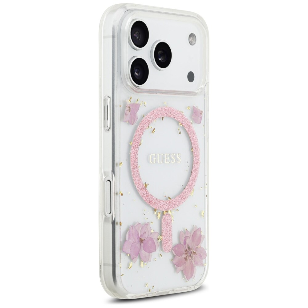 Husa pentru iPhone 17 Pro - Guess Resin Flowers and Glitter MagSafe - Roz