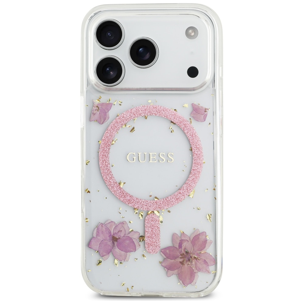 Husa pentru iPhone 17 Pro - Guess Resin Flowers and Glitter MagSafe - Roz