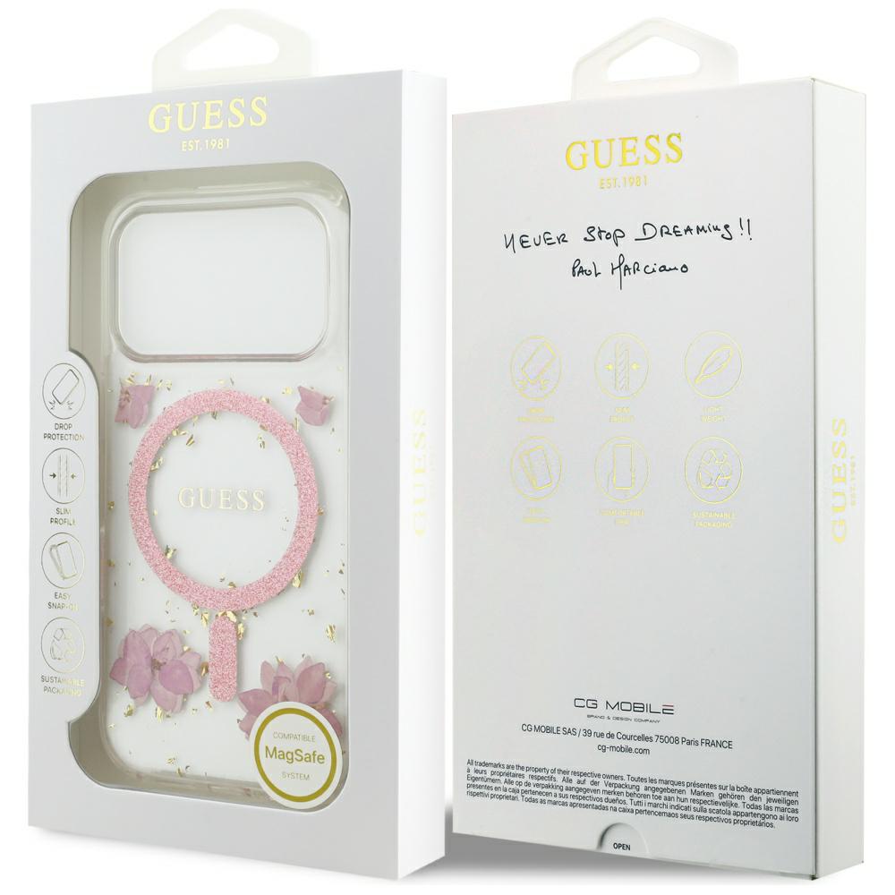 Husa pentru iPhone 17 Pro - Guess Resin Flowers and Glitter MagSafe - Roz