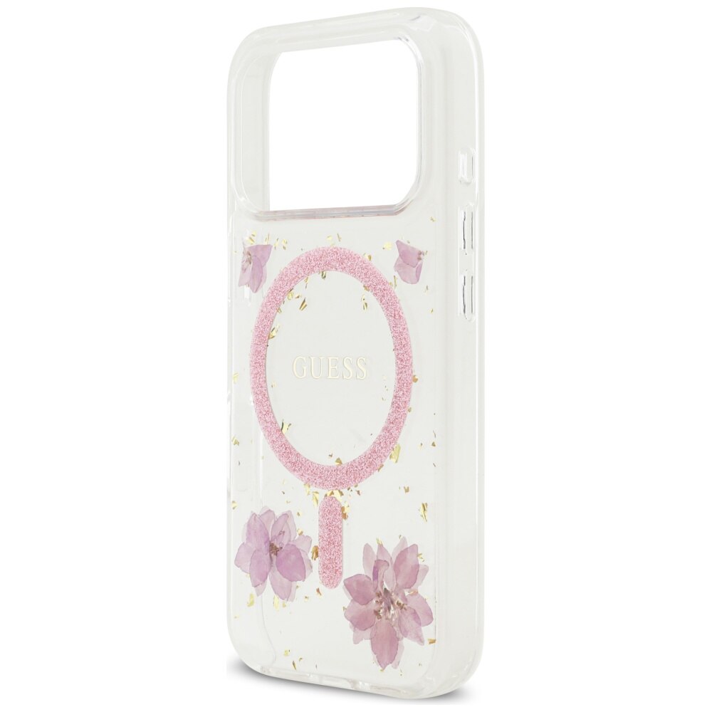 Husa pentru iPhone 17 Pro - Guess Resin Flowers and Glitter MagSafe - Roz