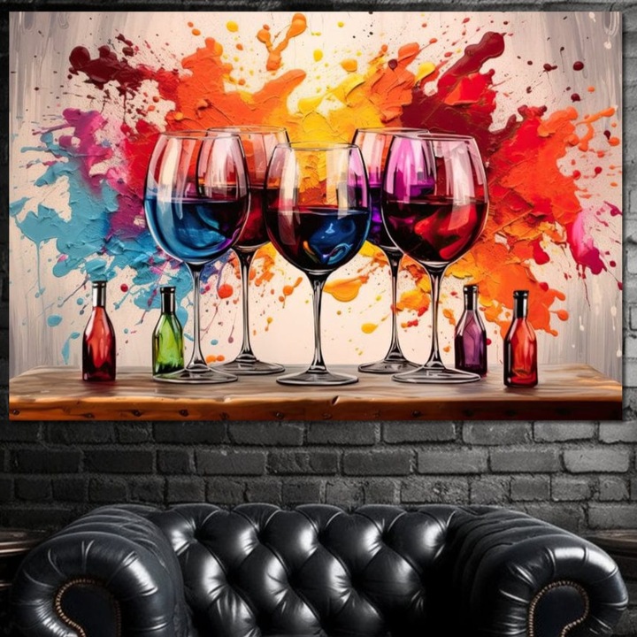 Tablou Canvas Premium, LuxCanva® N1043, Orchestra Somelierului, 40 X 60 CM, Panza Bumbac 100% 400g/m2, Sasiu Lemn, Bautura, Party, Pahare, Vin, Sticle, Multicolor, Vibrant, Energie, Veselie, Splash, Pub, Lounge, Bar, Restaurant, Bucatarie