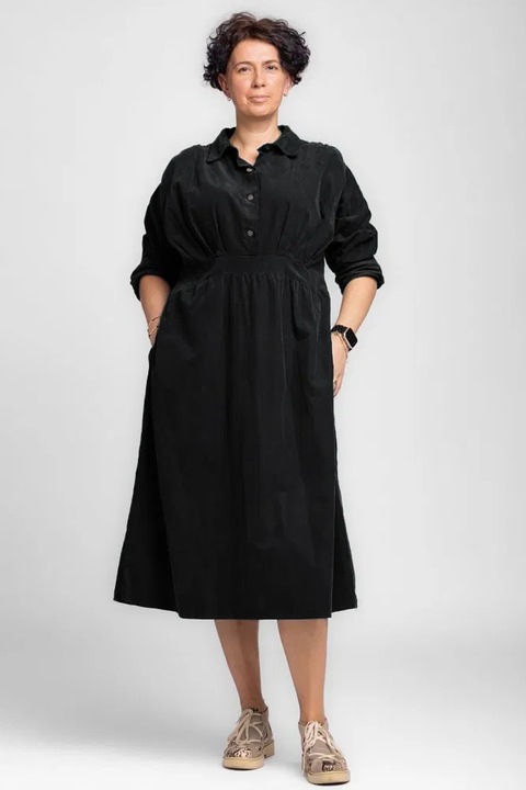 Rochie masura mare din catifea reiata taiata in talie, neagra, Negru, One Size