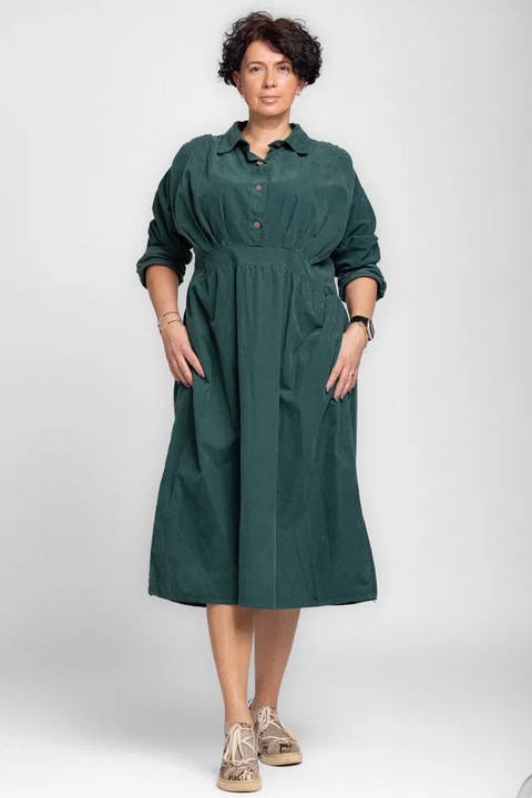 Rochie masura mare din catifea reiata taiata in talie, verde inchis, Verde inchis, One Size