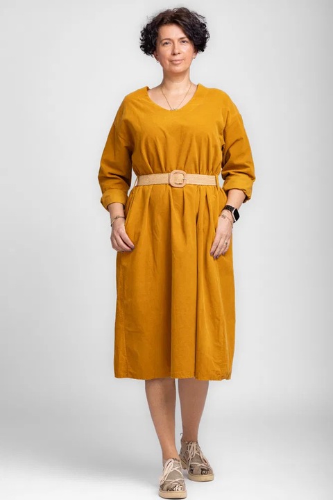 Rochie midi A-line din catifea reiata, cu curea, mustar, Galben, One Size