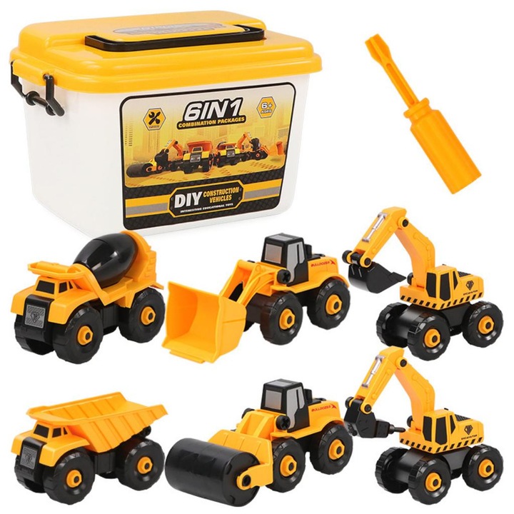 Set utilaje de constructii RQQM®, 6 piese interactive cu parti mobile, include Excavator, Basculanta, Buldozer, Betoniera, Compactor, Macara, Material ABS rezistent, Galben