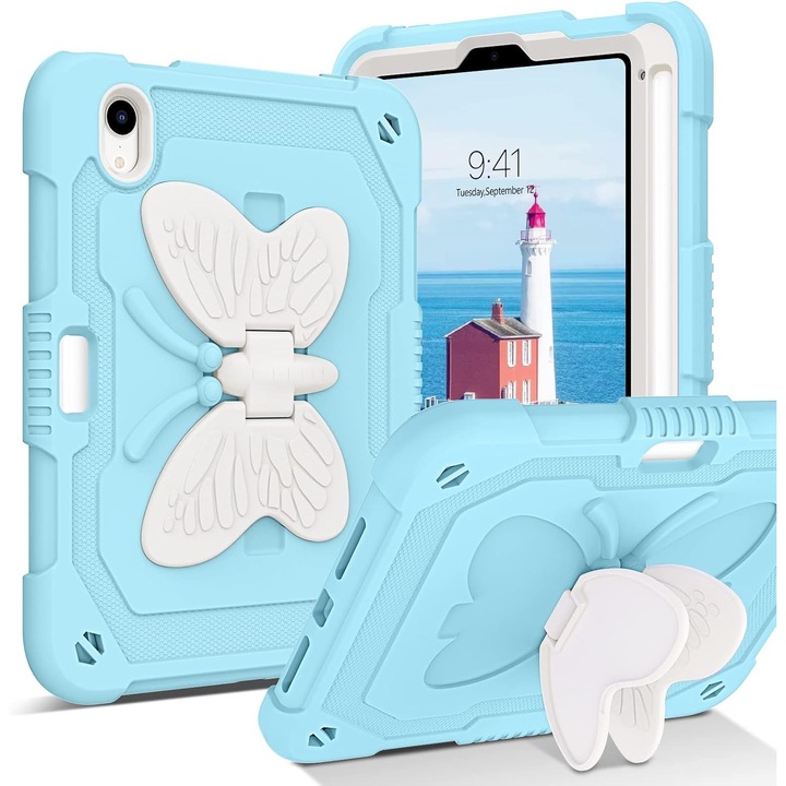 Husa premium Sigloo pentru Apple iPad Mini 7/6 (2024/2021), 8.3", Protectie Completa, Suport Creion, Stand Fluture, Curea Umar, Albastru