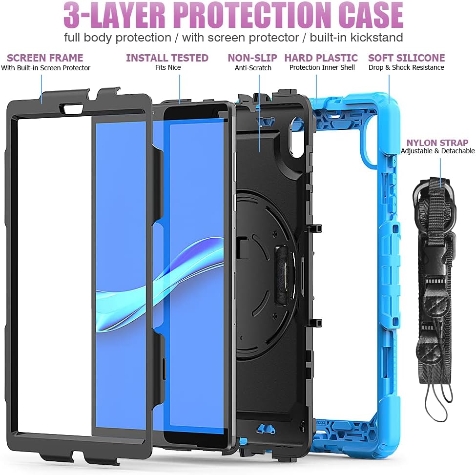 Pachet 360 Sigloo, pentru Lenovo Tab K10/Tab M10 Plus(TB-X606), 10.3", cu suport kickstand, curea de umar si folie de protectie, Albastru