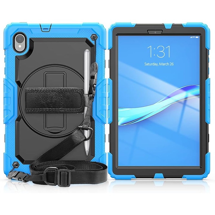Pachet 360 Sigloo, pentru Lenovo Tab K10/Tab M10 Plus(TB-X606), 10.3", cu suport kickstand, curea de umar si folie de protectie, Albastru