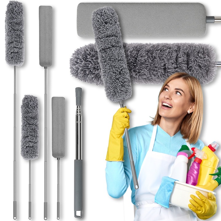 Pamatuf 4in1 RETOO DailyPro, Microfibra, pentru Curatat Praful, Curatare Umeda si Uscata, Maner Aluminiu Extensibil Pana la 250 cm, Pensula Rotunda, Pensula Lunga, Gri