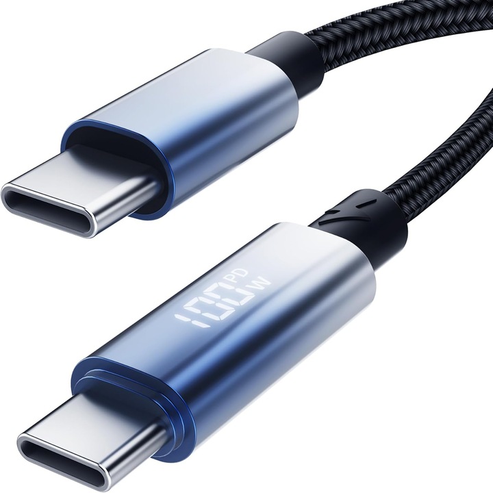 USB-C – USB-C kábel, 100W, gyorstöltés SuperFastCharge PD, 2m, Digitális LED kijelző, Kompatibilis iPhone 15, Huawei, Samsung, Xiaomi, Oppo, OnePlus, PREMIUM, Laptopok, Fekete, Kék