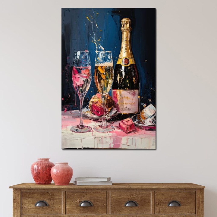 Премиум Канава Картина, LuxCanva® N1046, Празничен Момент, 40 X 60 СМ, 100% Памучно Платно 400гр/м2, Дървена Рамка, Шампанско, Напитка, Бутилка, Чаши, Лукс, Елегантност, Парти, Тост, Повод, Пъб, Лаундж, Бар, Ресторант, Кухня