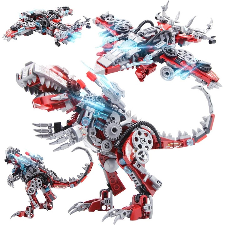 Set Blocuri de Constructie Mech Dinozaur si Avion, Buyya®, 398 Piese, Design 2 in 1, Compatibil cu STEM, Cadou pentru Copii 6+ Ani, Verde/Albastru