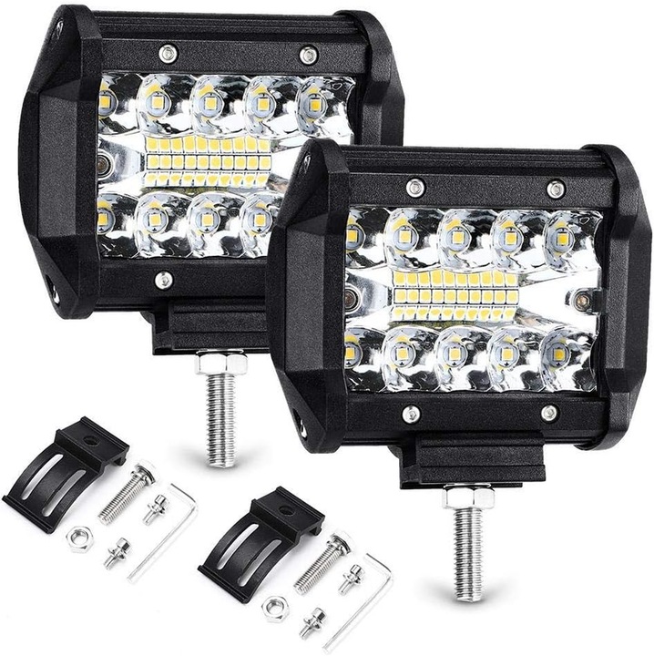 Bara LED 4 inchi, 120W, 12000LM, combinatie spot-flood, off-road, trei randuri, lumina de lucru si de ceata, pentru pickup, camion, ATV, UTV, SUV, barca, 2 bucati