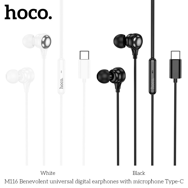 Casti cu Fir Type-C HOCO M116, Compatibile iPhone 15/16/17 si Android, Cablu 1.2M, Microfon, Alb