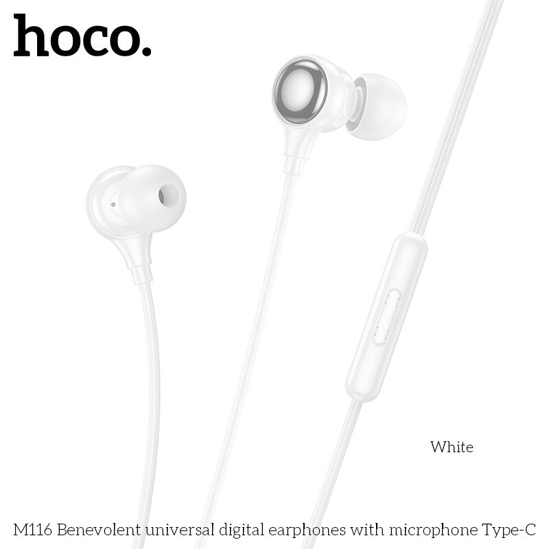 Casti cu Fir Type-C HOCO M116, Compatibile iPhone 15/16/17 si Android, Cablu 1.2M, Microfon, Alb
