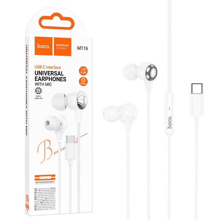Слушалки с кабел Type-C HOCO M116, Съвместими с iPhone 15/16/17 и Android, Кабел 1.2M, Микрофон, Бели