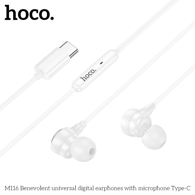 Casti cu Fir Type-C HOCO M116, Compatibile iPhone 15/16/17 si Android, Cablu 1.2M, Microfon, Alb